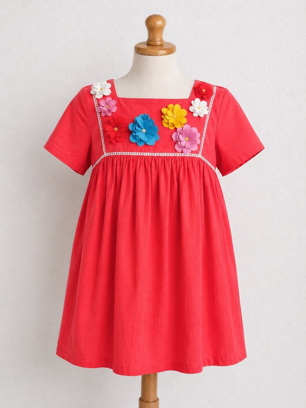 Mini Boden Girls 9-10Y Coral Floral Appliqué Cotton Empire Waist Dress